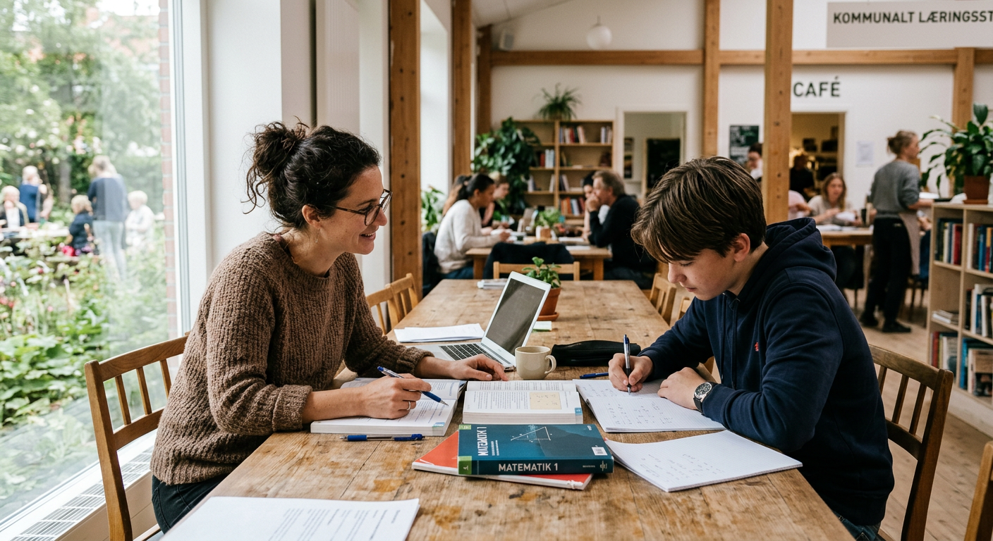 A mentor helping a teenage boy with homework at a table