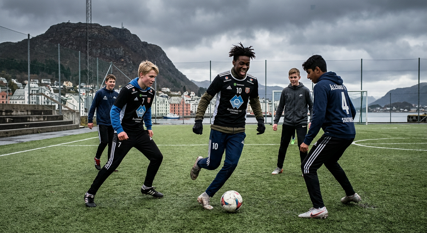 Teenage boys playing football on an outdoor pitch